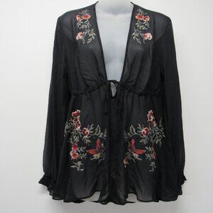 Express Black Sheer Embroidered Deep V-Neck Babydoll Fairy Long Sleeve Blouse M